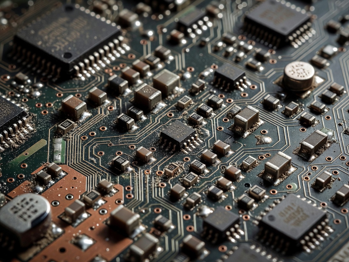 Detail of a dusty electronic circuit board