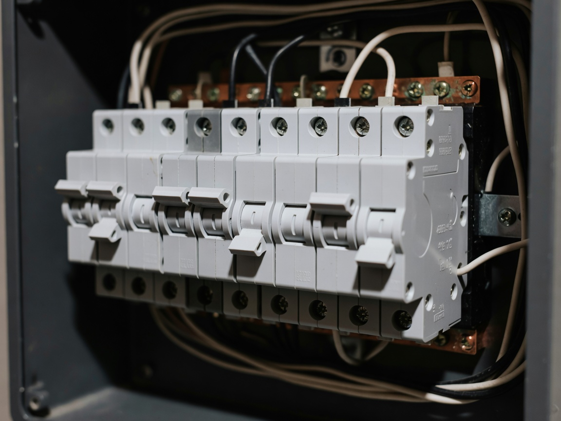Close-up of electrical breakers inside a residential fuse box