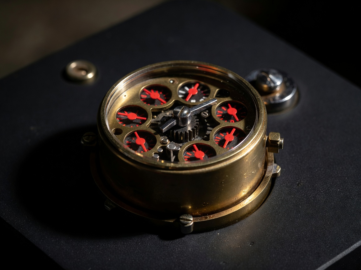 A mechanical water meter with red indicators against a dark background